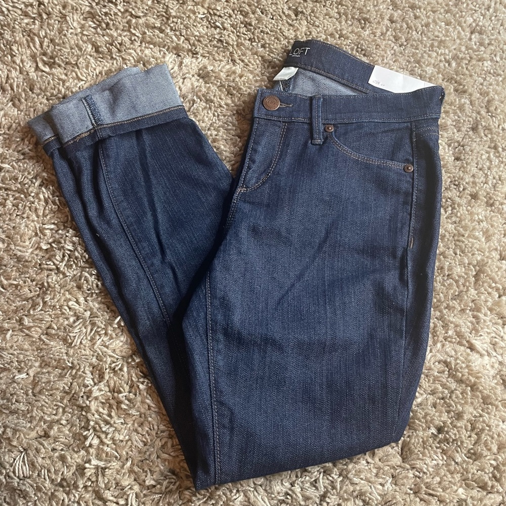 NWT LOFT Modern Skinny Dark Wash Jeans Petite 4P Cuffed Hem